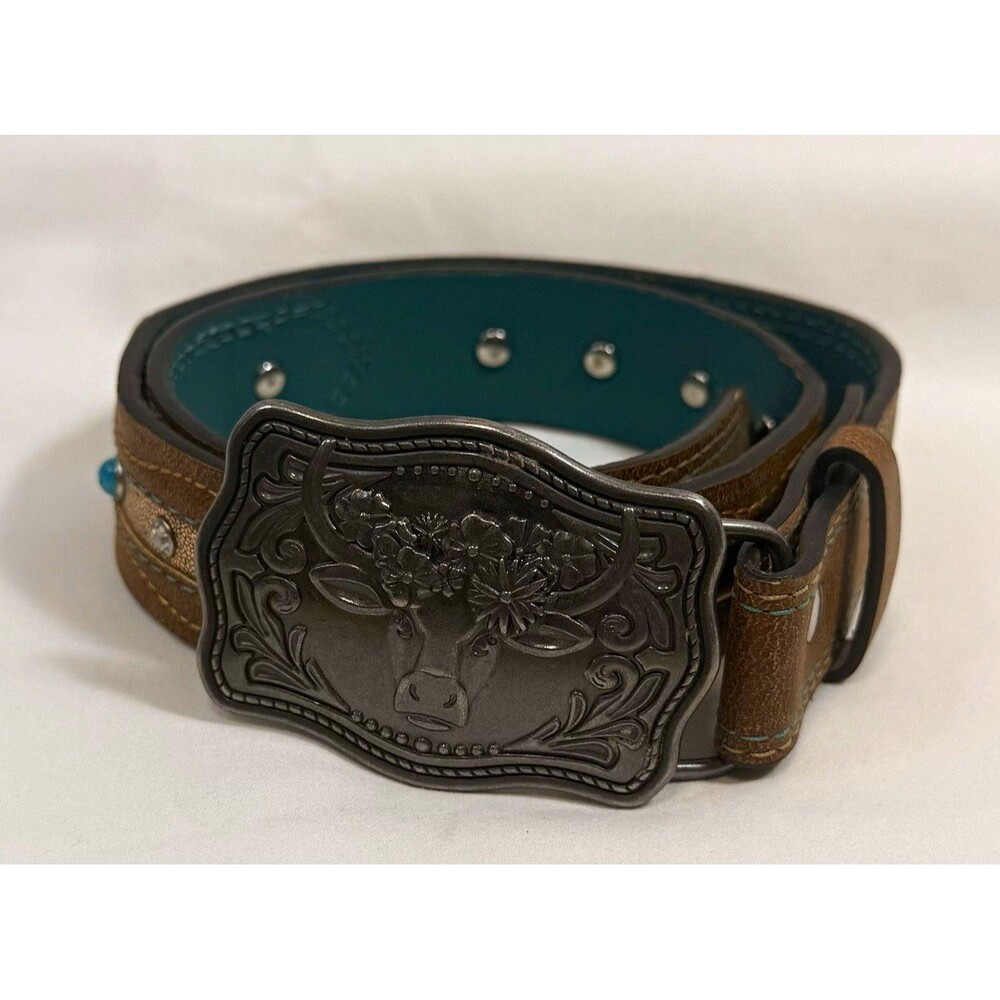 Catchfly Studio Girls Size 24 Western Cow Buckle Brown Blue Studded Belt